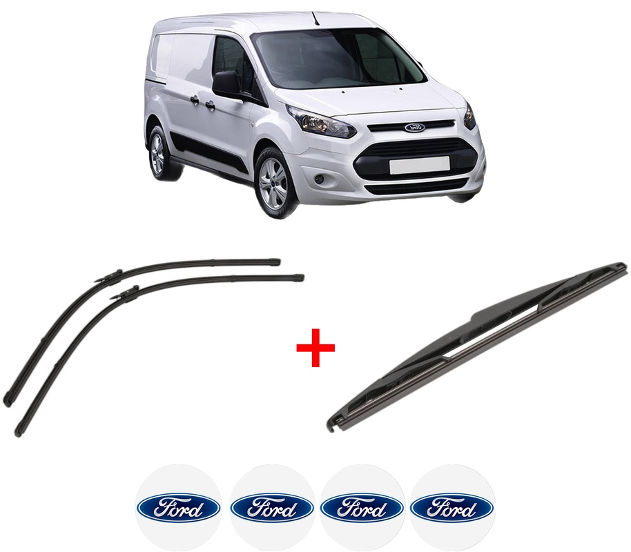 Set 3 stergatoare FORD TRANSIT CONNECT V408 Box Body/MPV din 2013, pentru parbriz si luneta fata si spate auto, Valeo Silencio, din cauciuc siliconat rezistent, 4 Stickere Auto FORD