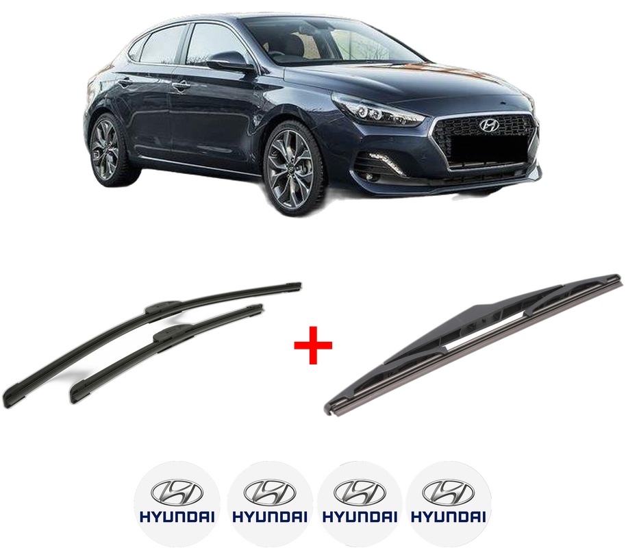 Set 3 stergatoare HYUNDAI i30 FASTBACK (PDE, PDEN) din 2017 - 2022, pentru parbriz si luneta fata si spate auto, Bosch Twin, din cauciuc siliconat rezistent, 4 Stickere Auto HYUNDAI
