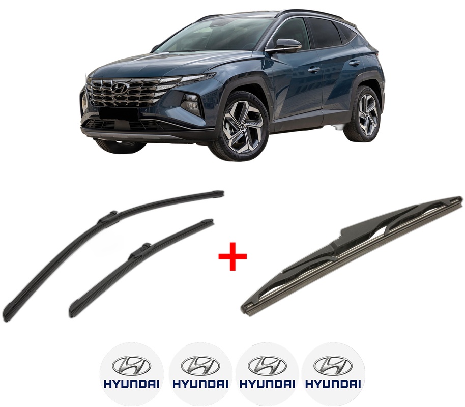 Set 3 stergatoare HYUNDAI TUCSON (NX4E, NX4A) din 2020, pentru parbriz si luneta fata si spate auto, Bosch Twin, din cauciuc siliconat rezistent, 4 Stickere Auto HYUNDAI