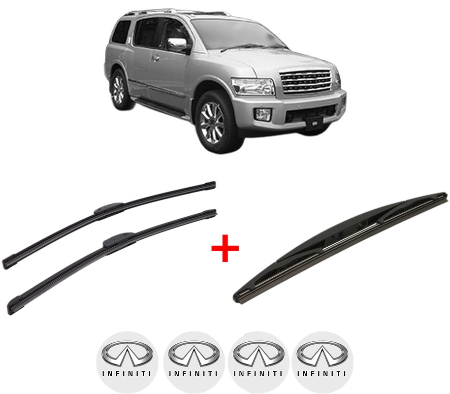 Set 3 stergatoare INFINITI QX56 din 2003 - 2014, pentru parbriz si luneta fata si spate auto, Bosch Twin, din cauciuc siliconat rezistent, 4 Stickere Auto INFINITI