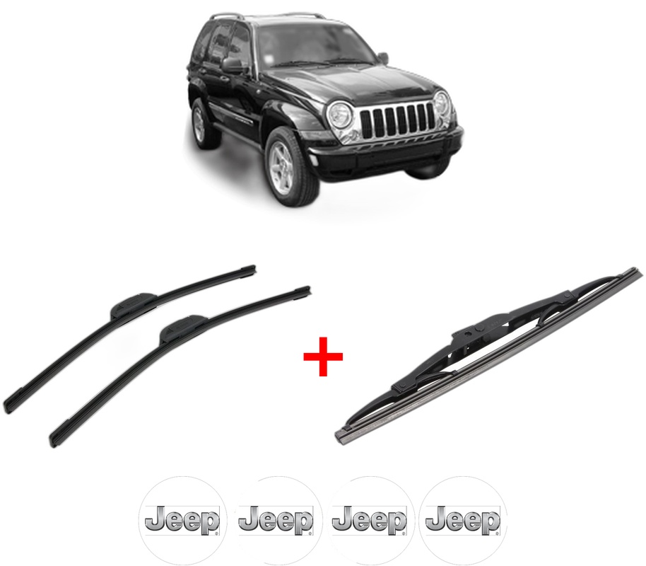 Set 3 stergatoare JEEP CHEROKEE (KJ) din 2001 - 2008, pentru parbriz si luneta fata si spate auto, Bosch Twin, din cauciuc siliconat rezistent, 4 Stickere Auto JEEP