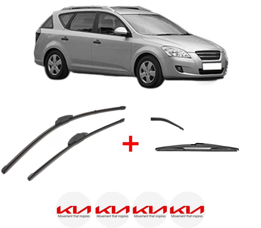 Set 3 stergatoare KIA CEE'D SW (ED) din 2007 - 2012, pentru parbriz si luneta fata si spate auto, Valeo Silencio, din cauciuc siliconat rezistent, 4 Stickere Auto KIA
