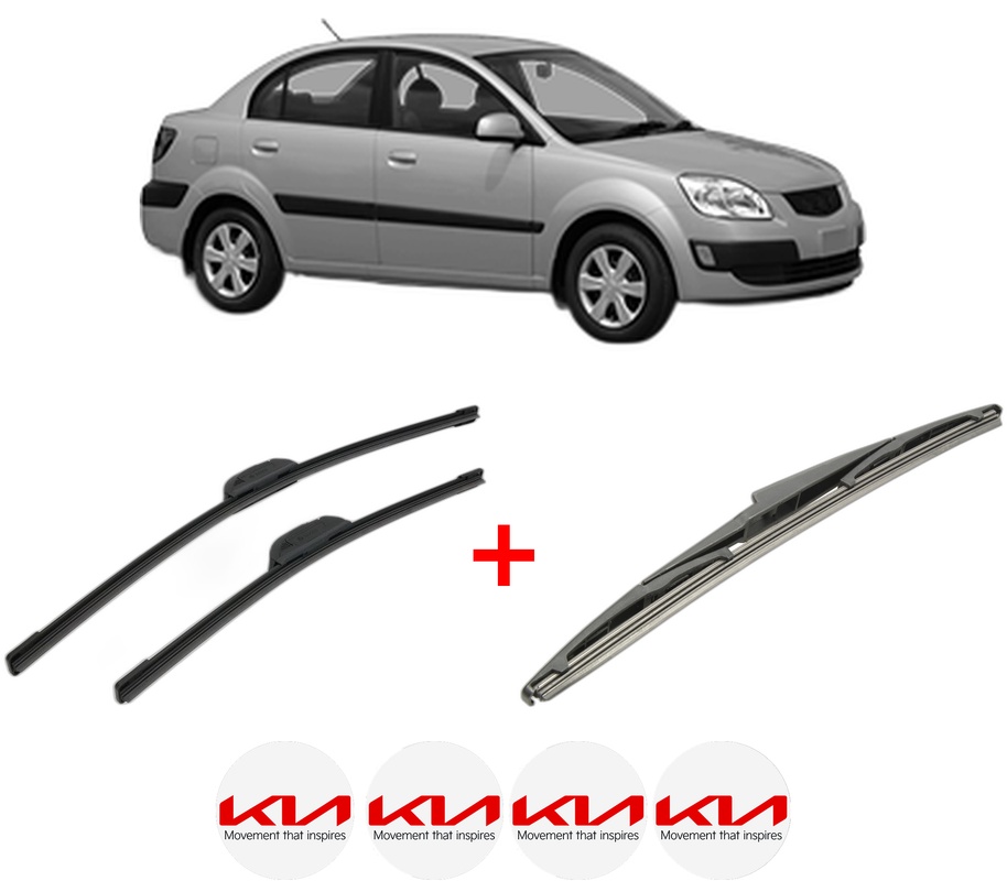 Set 3 stergatoare KIA RIO II Saloon (JB) din 2005 - 2011, pentru parbriz si luneta fata si spate auto, Bosch Twin, din cauciuc siliconat rezistent, 4 Stickere Auto KIA