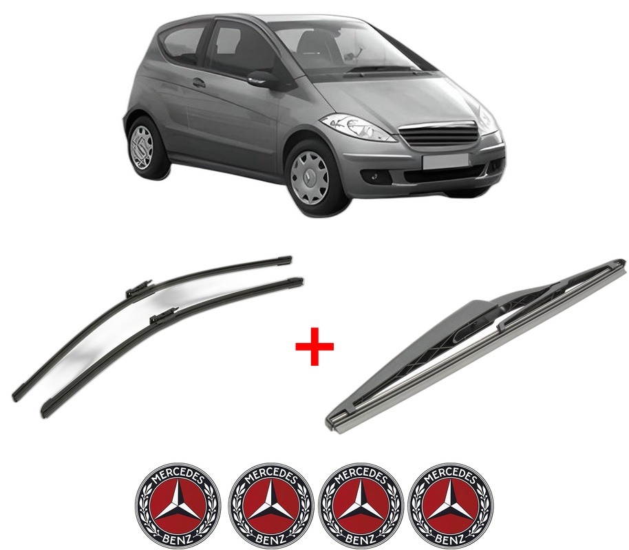 Set 3 stergatoare MERCEDES-BENZ A-CLASS (W169) din 2004 - 2012, pentru parbriz si luneta fata si spate auto, Bosch Twin, din cauciuc siliconat rezistent, 4 Stickere Auto MERCEDES-BENZ