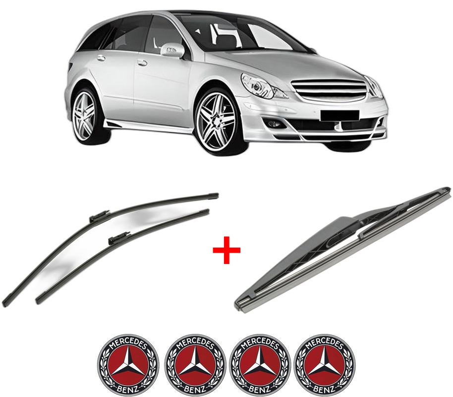 Set 3 stergatoare MERCEDES-BENZ R-CLASS (W251, V251) din 2005 - 2014, pentru parbriz si luneta fata si spate auto, Bosch Twin, din cauciuc siliconat rezistent, 4 Stickere Auto MERCEDES-BENZ