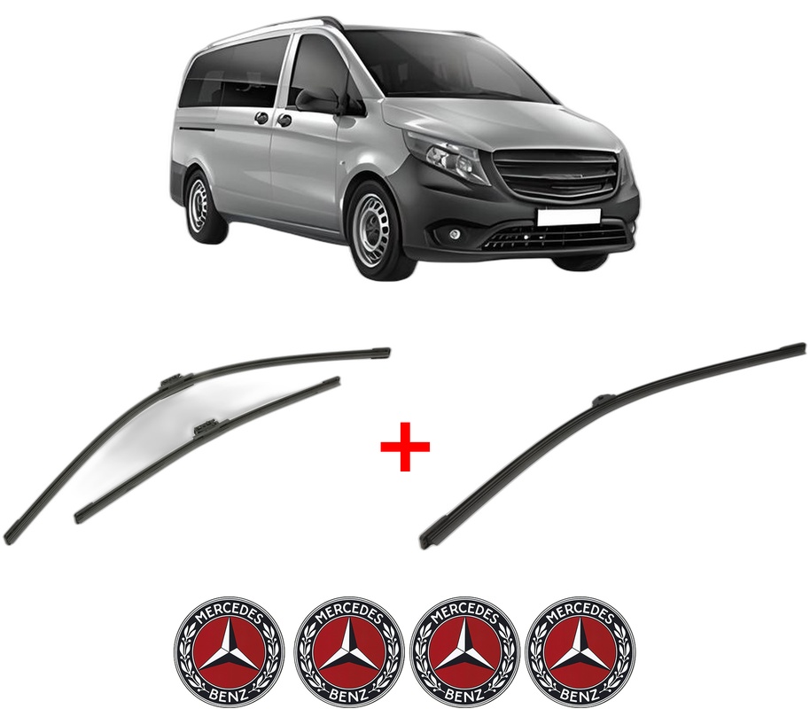Set 3 stergatoare MERCEDES-BENZ VITO Tourer (W447) din 2014 - 2020, pentru parbriz si luneta fata si spate auto, Bosch Aerotwin, din cauciuc siliconat rezistent, 4 Stickere Auto MERCEDES-BENZ