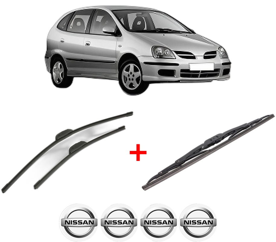 Set 3 stergatoare NISSAN ALMERA TINO (V10) din 2000 - 2006, pentru parbriz si luneta fata si spate auto, Bosch Twin, din cauciuc siliconat rezistent, 4 Stickere Auto NISSAN