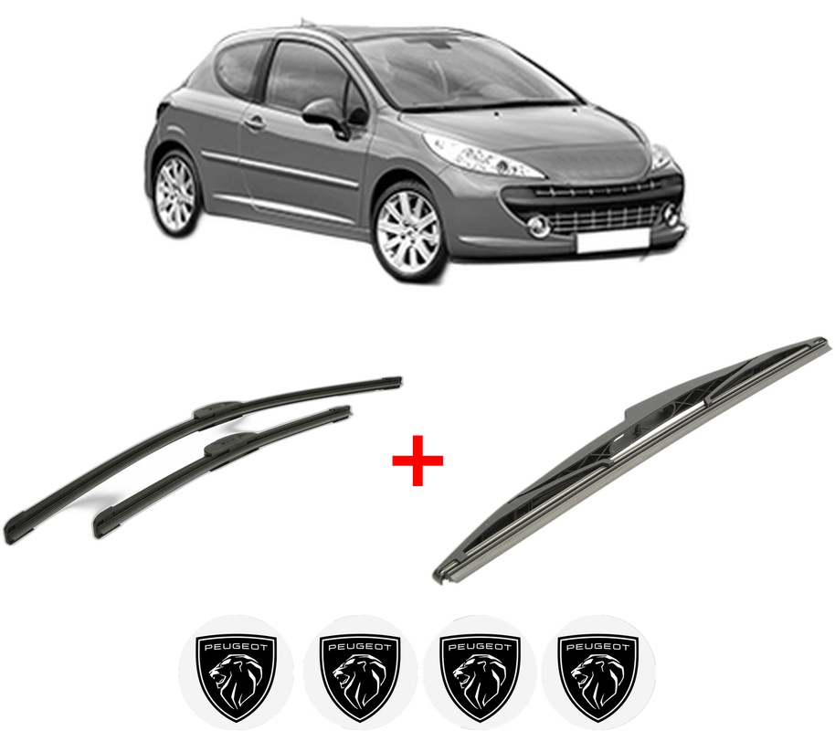Set 3 stergatoare PEUGEOT 207 (WA_, WC_) din 2006 - 2015, pentru parbriz si luneta fata si spate auto, Bosch Twin, din cauciuc siliconat rezistent, 4 Stickere Auto PEUGEOT