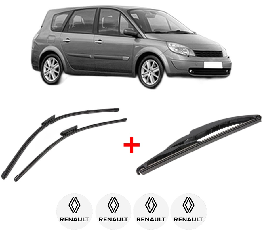 Set 3 stergatoare RENAULT GRAND SCENIC II (JM0/1_) din 2004 - 2009, pentru parbriz si luneta fata si spate auto, Valeo Silencio, din cauciuc siliconat rezistent, 4 Stickere Auto RENAULT