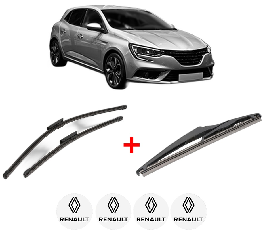 Set 3 stergatoare RENAULT MEGANE IV Hatchback (B9A/M/N_) din 2015, pentru parbriz si luneta fata si spate auto, Valeo Silencio, din cauciuc siliconat rezistent, 4 Stickere Auto RENAULT
