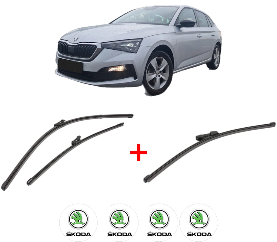 Set 3 stergatoare SKODA SCALA (NW1) din 2019, pentru parbriz si luneta fata si spate auto, Valeo Silencio Xtrm, din cauciuc siliconat rezistent, 4 Stickere Auto SKODA