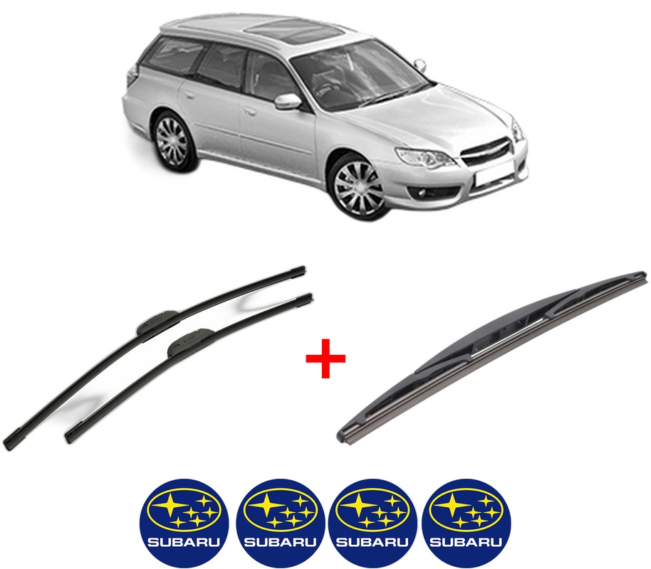 Set 3 stergatoare SUBARU LEGACY IV Estate (BP) din 2003 - 2009, pentru parbriz si luneta fata si spate auto, Bosch Twin, din cauciuc siliconat rezistent, 4 Stickere Auto SUBARU