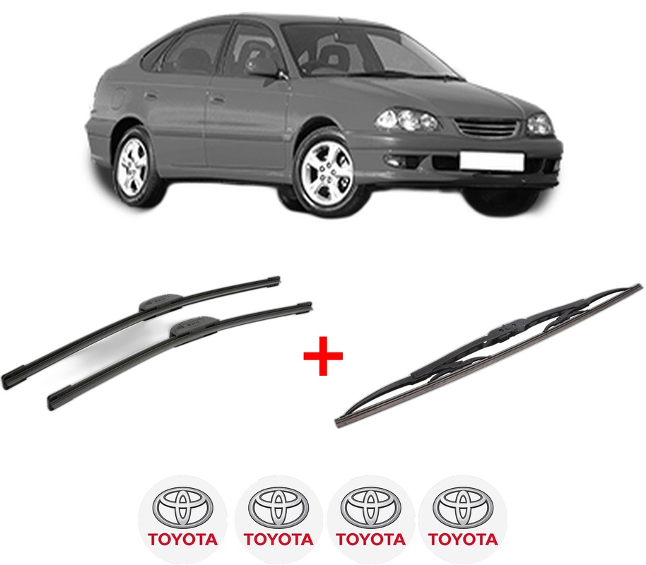 Set 3 stergatoare TOYOTA AVENSIS Liftback (_T22_) din 1997 - 2003, pentru parbriz si luneta fata si spate auto, Bosch Twin, din cauciuc siliconat rezistent, 4 Stickere Auto TOYOTA