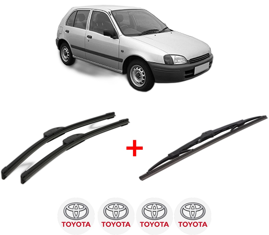 Set 3 stergatoare TOYOTA STARLET (_P9_) din 1996 - 1999, pentru parbriz si luneta fata si spate auto, Bosch Twin, din cauciuc siliconat rezistent, 4 Stickere Auto TOYOTA
