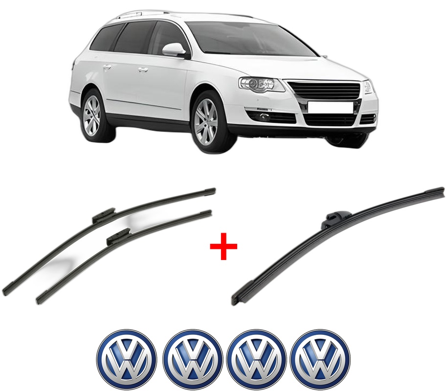 Set 3 stergatoare Volkswagen PASSAT B6 Variant (3C5) din 2005 - 2011, pentru parbriz si luneta fata si spate auto, Bosch Aerotwin, din cauciuc siliconat rezistent, 4 Stickere Auto VW