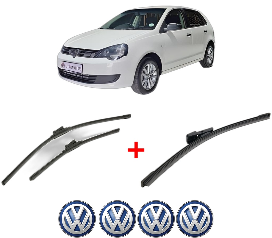 Set 3 stergatoare Volkswagen POLO VIVO Hatchback (6S1, 6S3) din 2010 - 2019, pentru parbriz si luneta fata si spate auto, Bosch Aerotwin, din cauciuc siliconat rezistent, 4 Stickere Auto VW