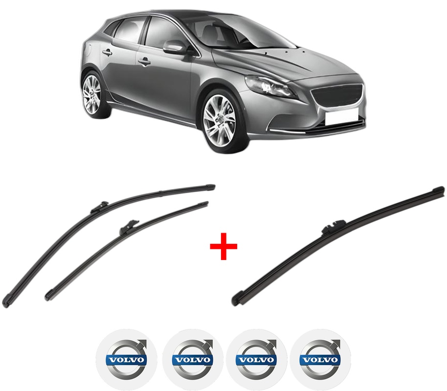 Set 3 stergatoare VOLVO V40 Hatchback (525) din 2012 - 2019, pentru parbriz si luneta fata si spate auto, Valeo Silencio, din cauciuc siliconat rezistent, 4 Stickere Auto VOLVO