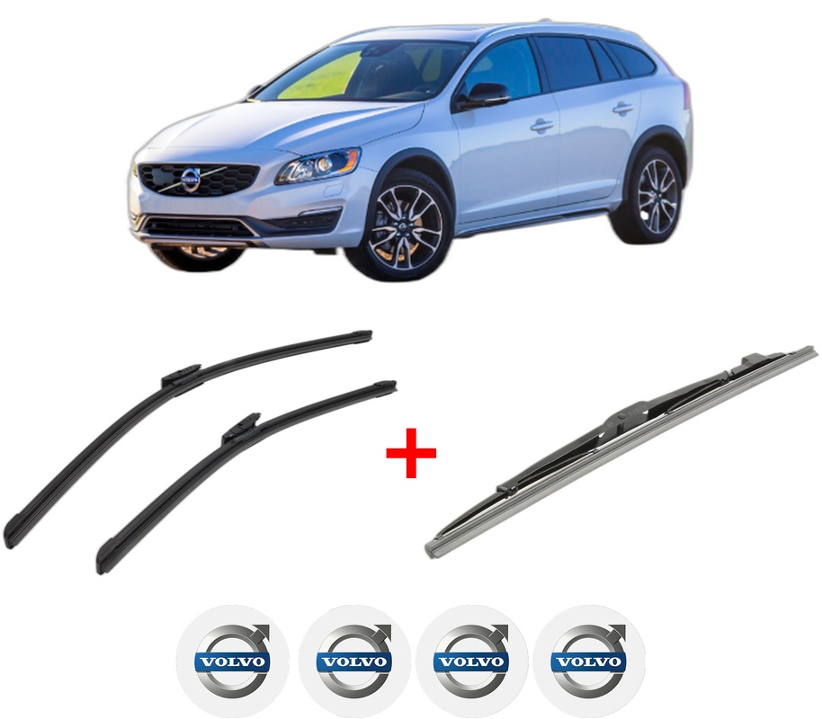 Set 3 stergatoare VOLVO V60 I Cross Country (157) din 2015 - 2018, pentru parbriz si luneta fata si spate auto, Bosch Twin, din cauciuc siliconat rezistent, 4 Stickere Auto VOLVO