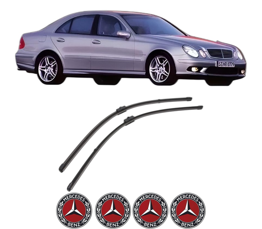 Set stergatoare auto MERCEDES-BENZ E-CLASS (W211) din 2002-2008, pentru parbriz auto, 2 bucati, Valeo Silencio Xtrm, din cauciuc siliconat rezistent, 4 Stickere Auto MERCEDES-BENZ