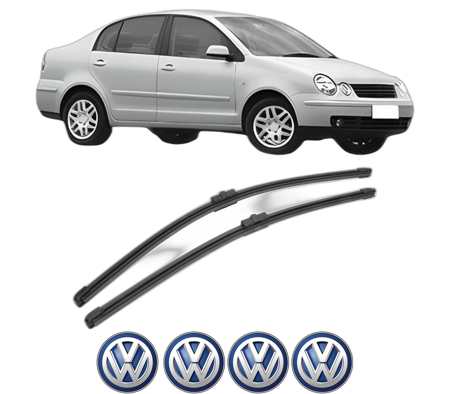 Set stergatoare auto Volkswagen POLO IV Saloon (9A4, 9A2, 9N2, 9A6) din 2002-2012, pentru parbriz auto, 2 bucati, Valeo Silencio Xtrm, din cauciuc siliconat rezistent, 4 Stickere Auto Volkswagen