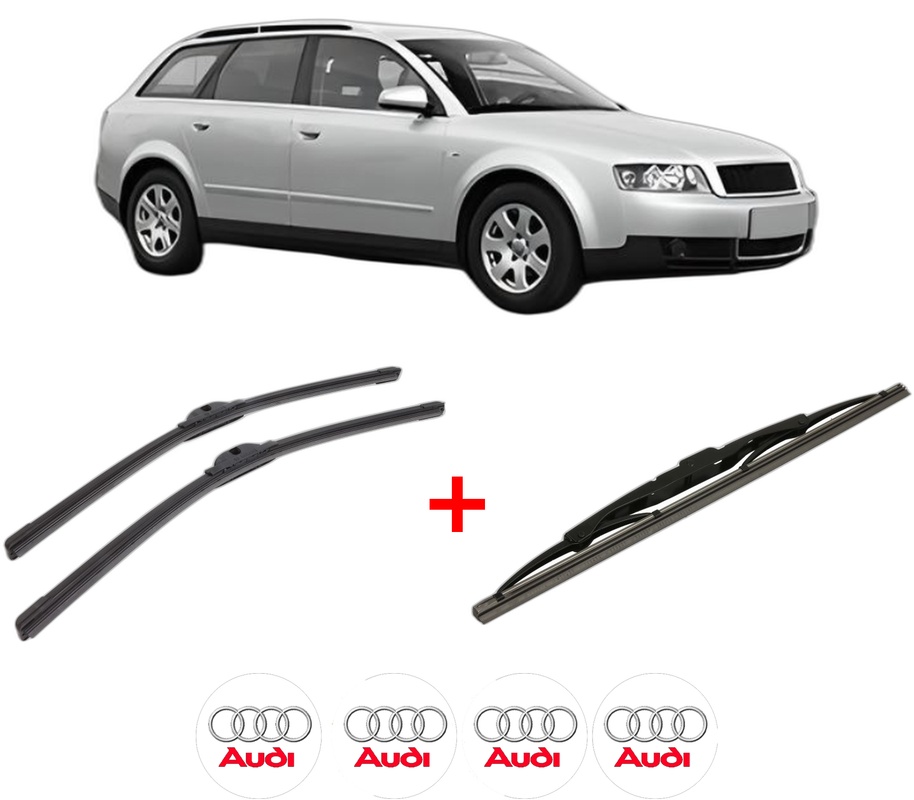 Set 3 stergatoare AUDI A4 B6 Avant (8E5) din 2001 - 2004, pentru parbriz si luneta fata si spate auto, Bosch Twin, din cauciuc siliconat rezistent, 4 Stickere Auto AUDI