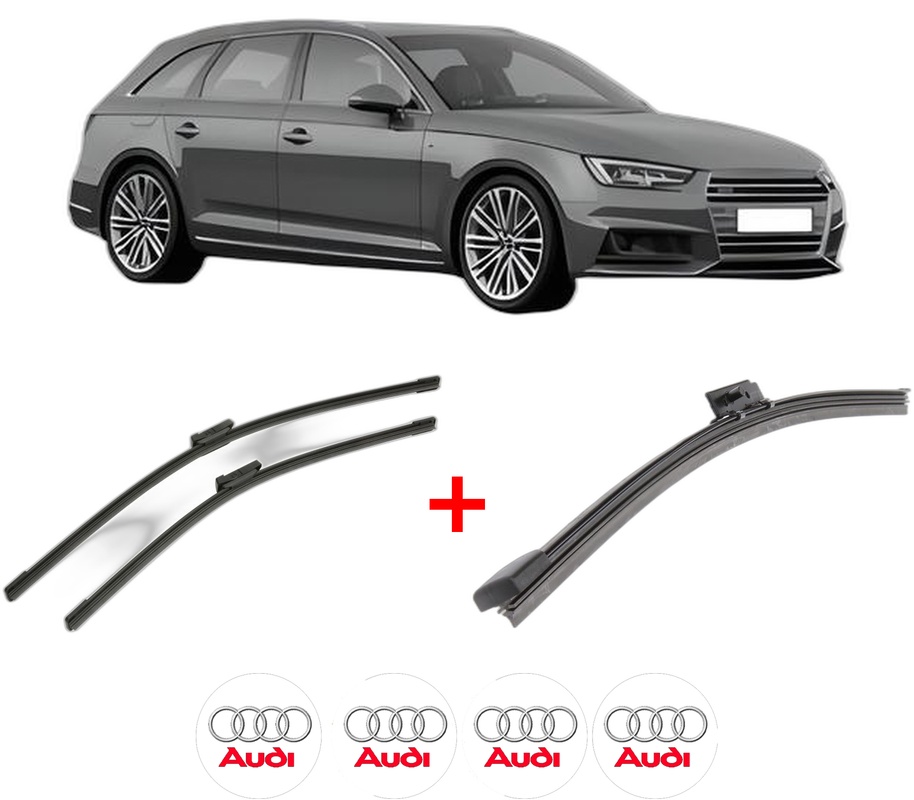 Set 3 stergatoare AUDI A4 B9 Avant (8W5, 8WD) din 2015 - 2020, pentru parbriz si luneta fata si spate auto, Bosch Aerotwin, din cauciuc siliconat rezistent, 4 Stickere Auto AUDI