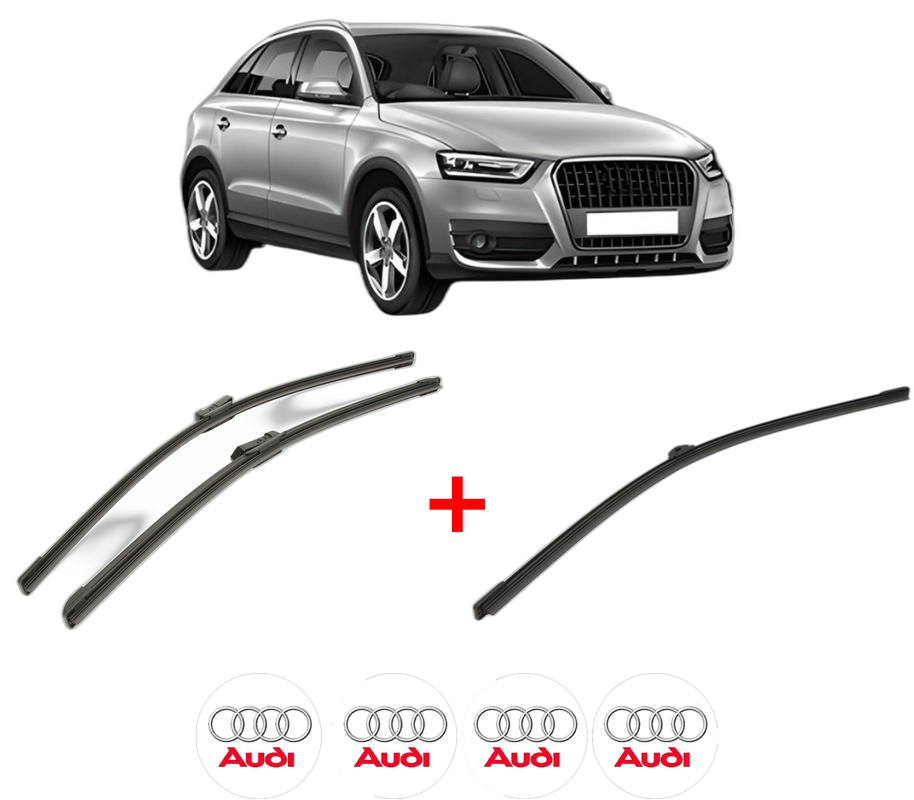 Set 3 stergatoare AUDI Q3 (8UB, 8UG) din 2011 - 2018, pentru parbriz si luneta fata si spate auto, Bosch Aerotwin, din cauciuc siliconat rezistent, 4 Stickere Auto AUDI
