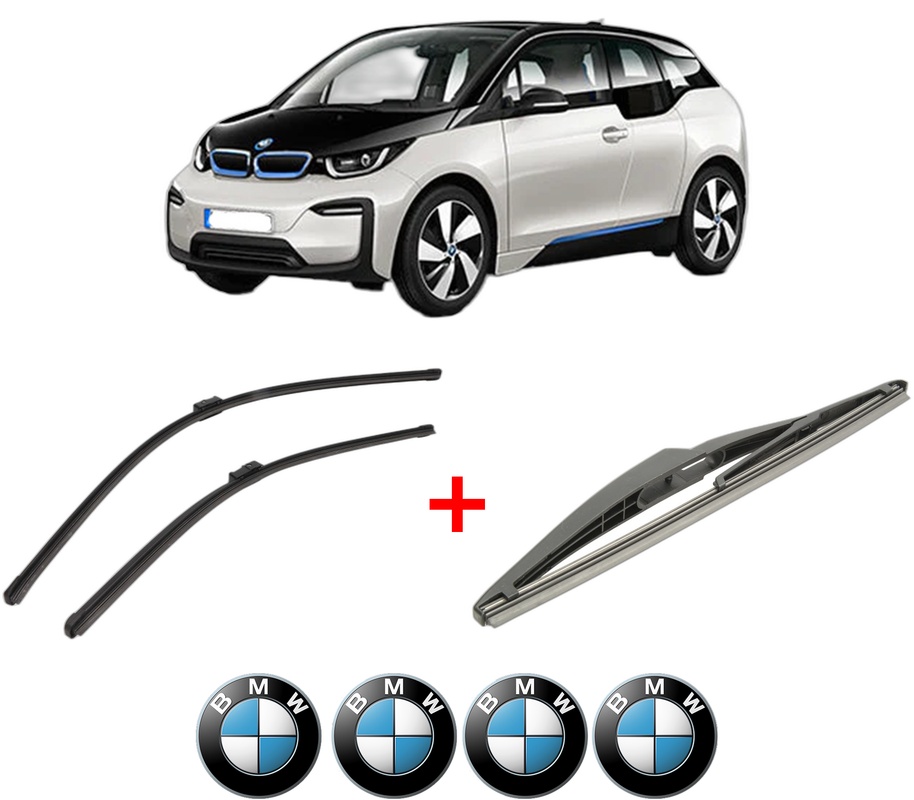 Set 3 stergatoare BMW Seria i3 (I01) din 2013, pentru parbriz si luneta fata si spate auto, Bosch Twin, din cauciuc siliconat rezistent, 4 Stickere Auto BMW