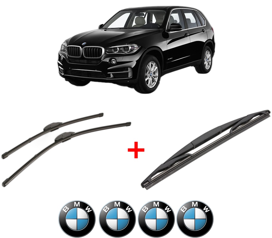 Set 3 stergatoare BMW Seria X5 (F15, F85) din 2013 - 2018, pentru parbriz si luneta fata si spate auto, Valeo Silencio, din cauciuc siliconat rezistent, 4 Stickere Auto BMW