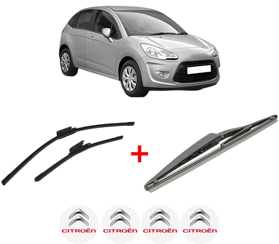 Set 3 stergatoare CITROEN C3 II (SC_) din 2009 - 2016, pentru parbriz si luneta fata si spate auto, Bosch Twin, din cauciuc siliconat rezistent, 4 Stickere Auto CITROEN