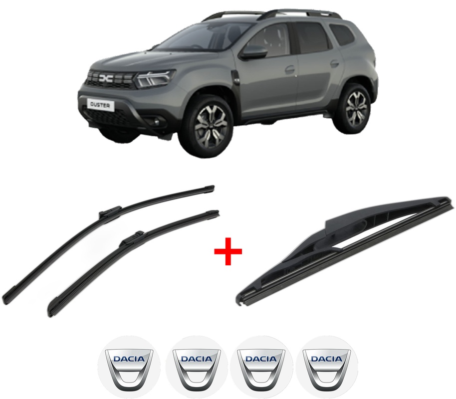 Set 3 stergatoare DACIA DUSTER (PYM_, PYN_) din 2023, pentru parbriz si luneta fata si spate auto, Bosch Twin, din cauciuc siliconat rezistent, 4 Stickere Auto DACIA
