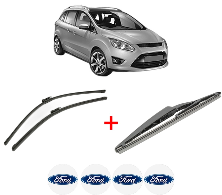 Set 3 stergatoare FORD C-MAX II (DXA/CB7, DXA/CEU) din 2010 - 2019, pentru parbriz si luneta fata si spate auto, Bosch Twin, din cauciuc siliconat rezistent, 4 Stickere Auto FORD