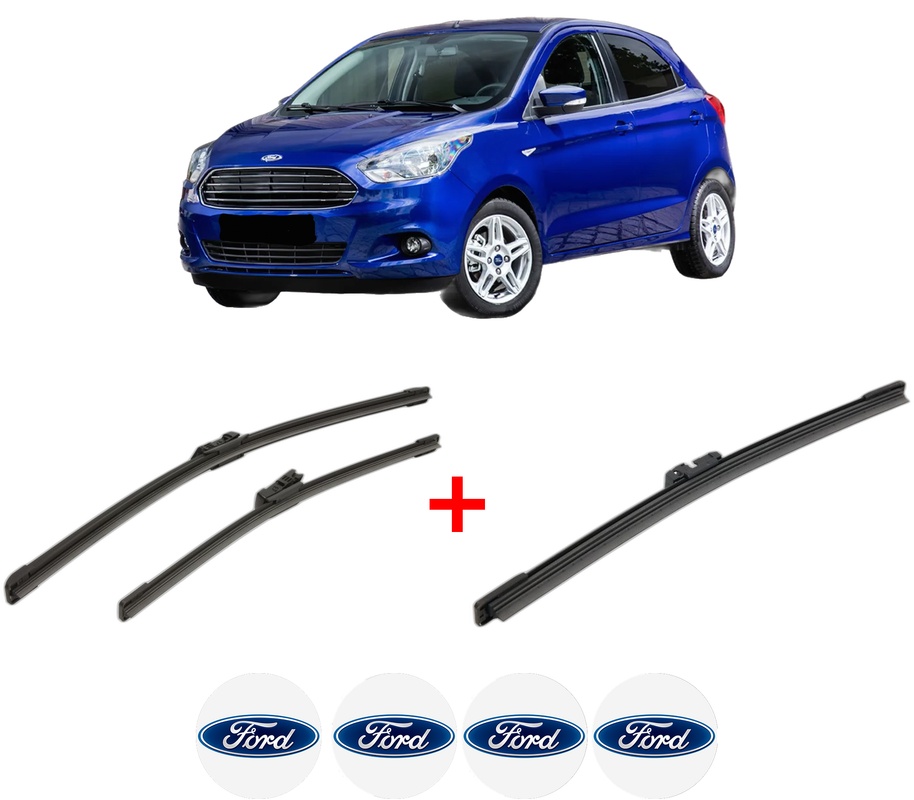 Set 3 stergatoare FORD KA+ III (UK, FK) din 2016, pentru parbriz si luneta fata si spate auto, Bosch Aerotwin, din cauciuc siliconat rezistent, 4 Stickere Auto FORD