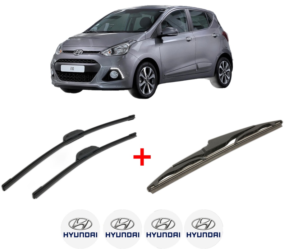 Set 3 stergatoare HYUNDAI i10 II (BA, IA) din 2013 - 2019, pentru parbriz si luneta fata si spate auto, Bosch Twin, din cauciuc siliconat rezistent, 4 Stickere Auto HYUNDAI