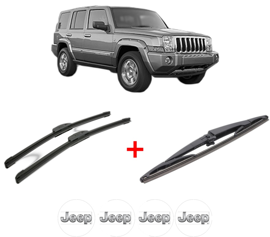 Set 3 stergatoare JEEP COMMANDER (XK, XH) din 2005 - 2010, pentru parbriz si luneta fata si spate auto, Bosch Twin, din cauciuc siliconat rezistent, 4 Stickere Auto JEEP