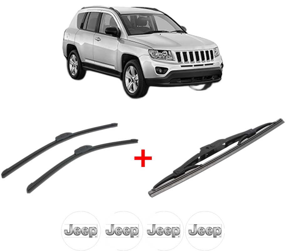 Set 3 stergatoare JEEP COMPASS (MK49) din 2006, pentru parbriz si luneta fata si spate auto, Bosch Twin, din cauciuc siliconat rezistent, 4 Stickere Auto JEEP