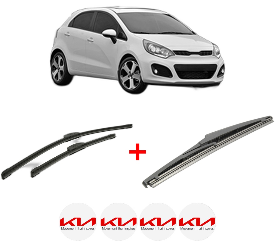 Set 3 stergatoare KIA RIO III (UB) din 2011 - 2017, pentru parbriz si luneta fata si spate auto, Bosch Twin, din cauciuc siliconat rezistent, 4 Stickere Auto KIA