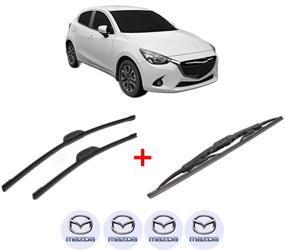 Set 3 stergatoare MAZDA 2 Hatchback (DL, DJ) din 2014, pentru parbriz si luneta fata si spate auto, Bosch Twin, din cauciuc siliconat rezistent, 4 Stickere Auto MAZDA