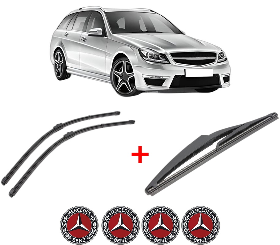 Set 3 stergatoare MERCEDES-BENZ C-CLASS T-Model (S204) din 2007 - 2014, pentru parbriz si luneta fata si spate auto, Valeo Silencio, din cauciuc siliconat rezistent, 4 Stickere Auto MERCEDES-BENZ