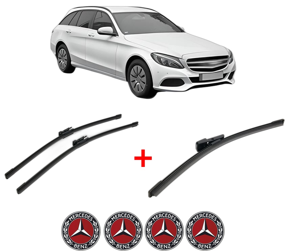 Set 3 stergatoare MERCEDES-BENZ C-CLASS T-Model (S205) din 2014 - 2021, pentru parbriz si luneta fata si spate auto, Bosch Aerotwin, din cauciuc siliconat rezistent, 4 Stickere Auto MERCEDES-BENZ