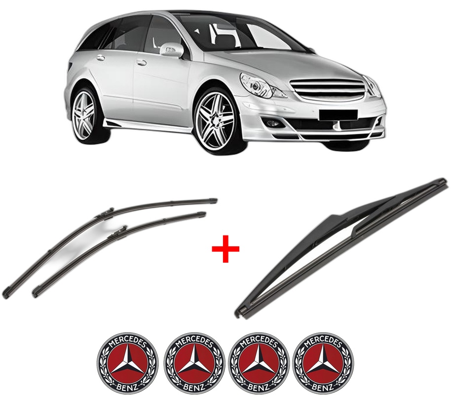 Set 3 stergatoare MERCEDES-BENZ R-CLASS (W251, V251) din 2005 - 2014, pentru parbriz si luneta fata si spate auto, Valeo Silencio, din cauciuc siliconat rezistent, 4 Stickere Auto MERCEDES-BENZ