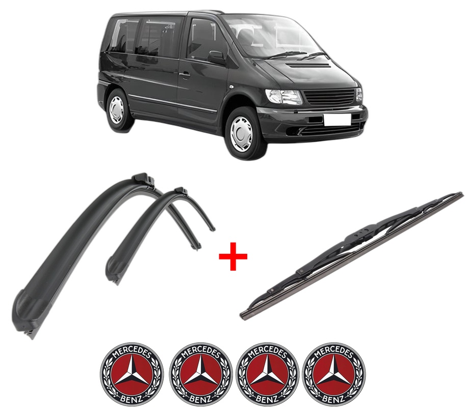 Set 3 stergatoare MERCEDES-BENZ V-CLASS (638/2) din 1996 - 2003, pentru parbriz si luneta fata si spate auto, Bosch Twin, din cauciuc siliconat rezistent, 4 Stickere Auto MERCEDES-BENZ