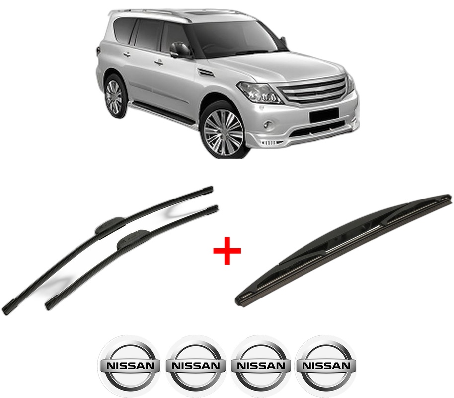 Set 3 stergatoare NISSAN PATROL VI (Y62) din 2010, pentru parbriz si luneta fata si spate auto, Bosch Twin, din cauciuc siliconat rezistent, 4 Stickere Auto NISSAN