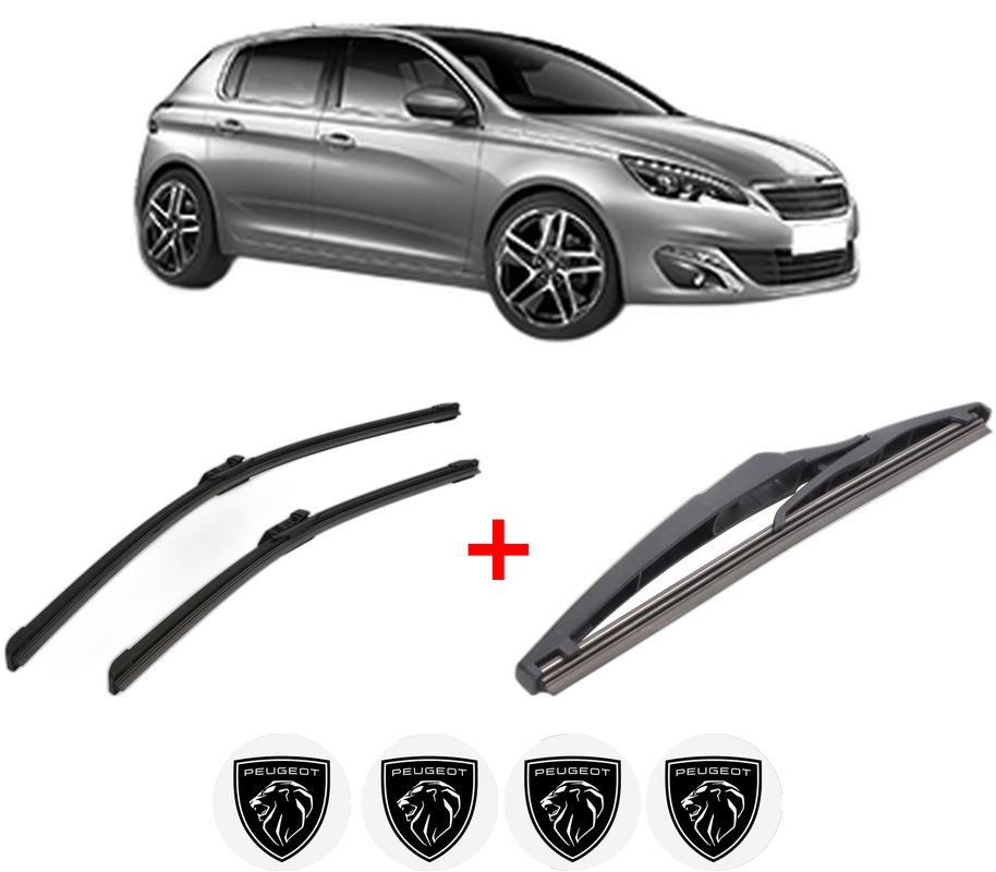 Set 3 stergatoare PEUGEOT 308 II (LB_, LP_, LW_, LH_, L3_) din 2013 - 2021, pentru parbriz si luneta fata si spate auto, Bosch Twin, din cauciuc siliconat rezistent, 4 Stickere Auto PEUGEOT
