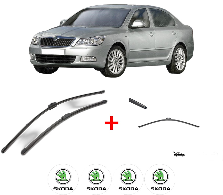 Set 3 stergatoare SKODA OCTAVIA II (1Z3) din 2004 - 2013, pentru parbriz si luneta fata si spate auto, Valeo Silencio, din cauciuc siliconat rezistent, 4 Stickere Auto SKODA