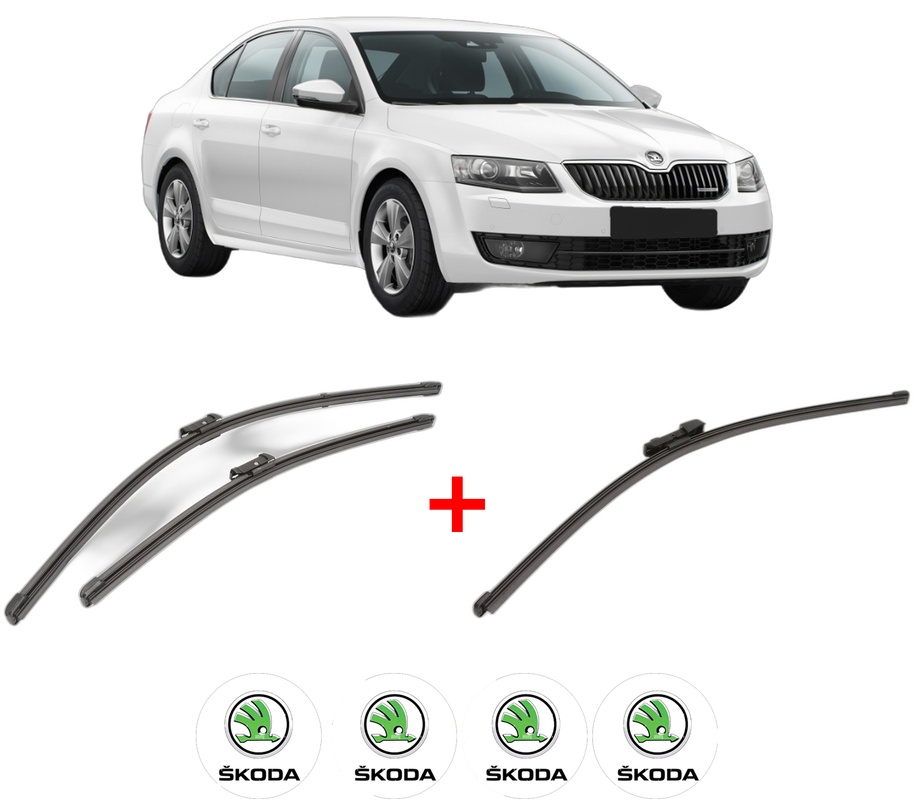 Set 3 stergatoare SKODA OCTAVIA III (5E3, NL3, NR3) din 2012 - 2020, pentru parbriz si luneta fata si spate auto, Valeo Silencio Xtrm, din cauciuc siliconat rezistent, 4 Stickere Auto SKODA