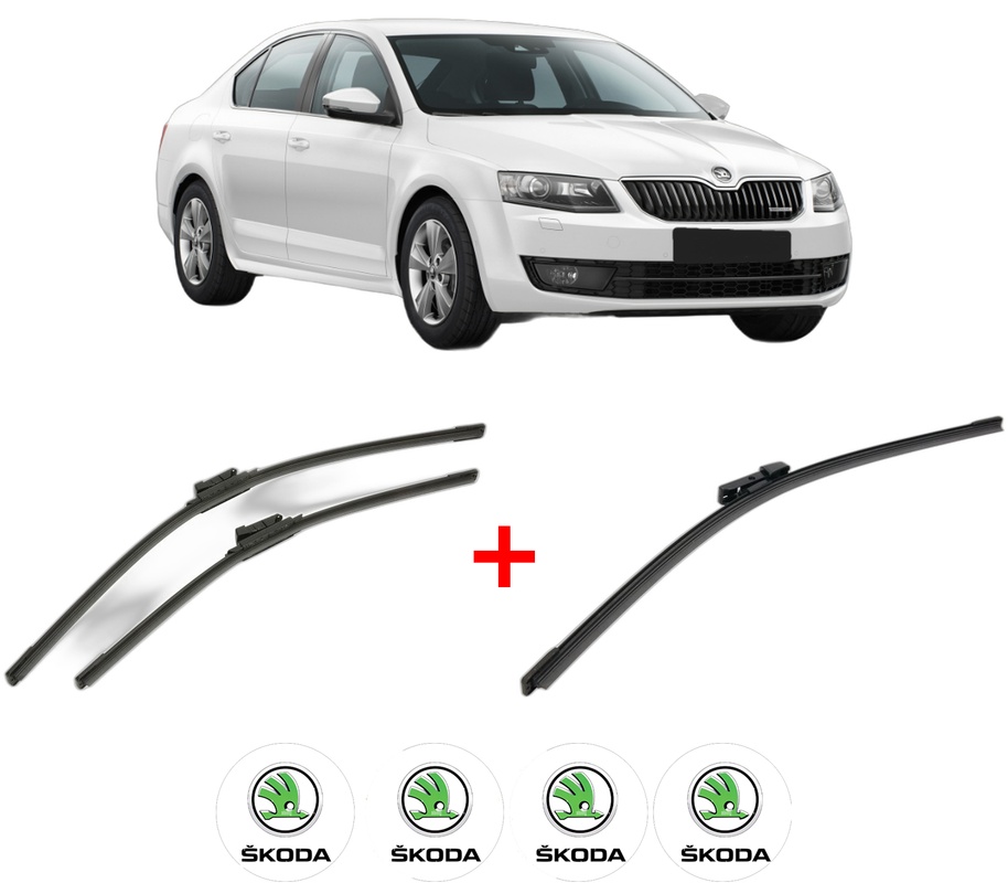 Set 3 stergatoare SKODA OCTAVIA III (5E3, NL3, NR3) din 2012 - 2020, pentru parbriz si luneta fata si spate auto, Bosch Aerotwin, din cauciuc siliconat rezistent, 4 Stickere Auto SKODA