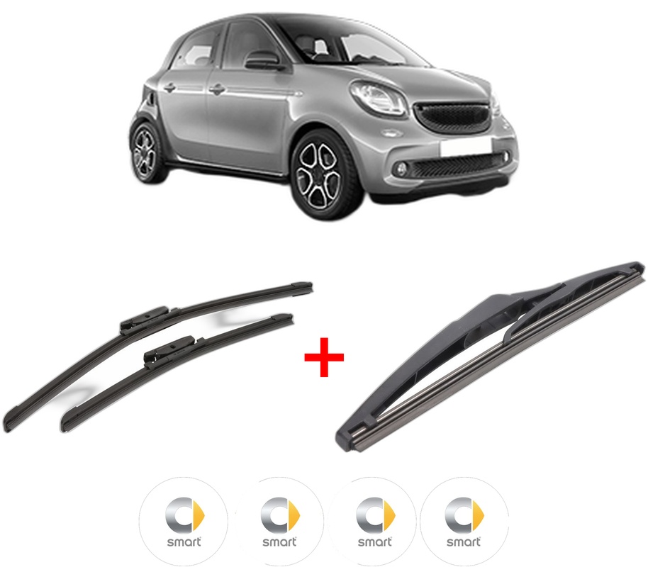 Set 3 stergatoare SMART FORFOUR Hatchback (453) din 2014, pentru parbriz si luneta fata si spate auto, Bosch Twin, din cauciuc siliconat rezistent, 4 Stickere Auto SMART