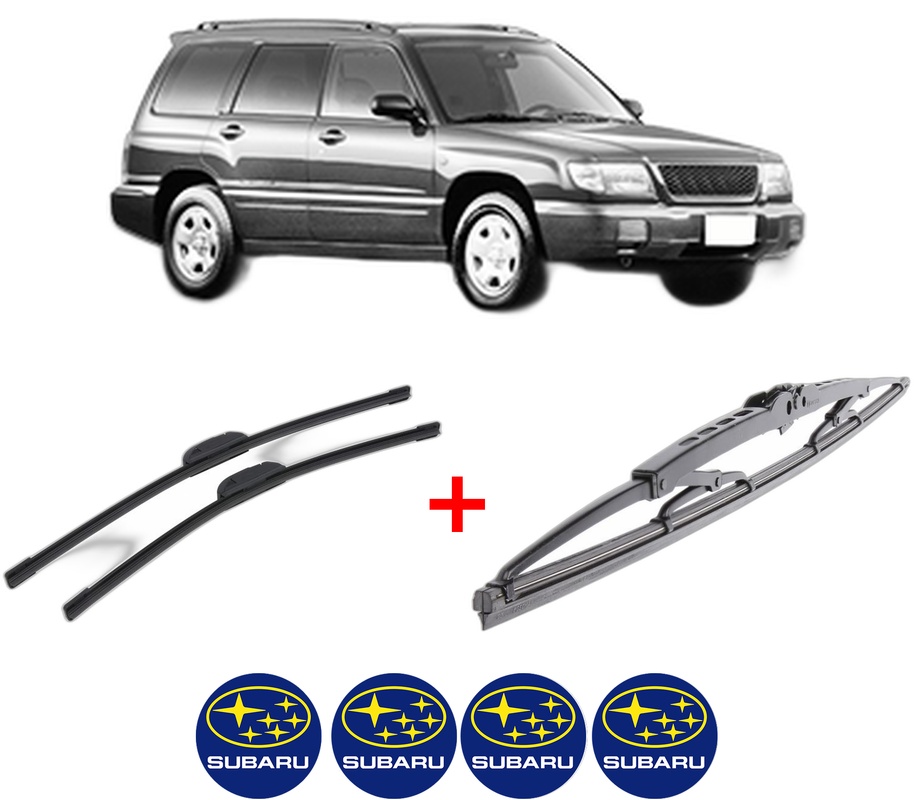 Set 3 stergatoare SUBARU FORESTER (SF_) din 1997 - 2002, pentru parbriz si luneta fata si spate auto, Bosch Twin, din cauciuc siliconat rezistent, 4 Stickere Auto SUBARU