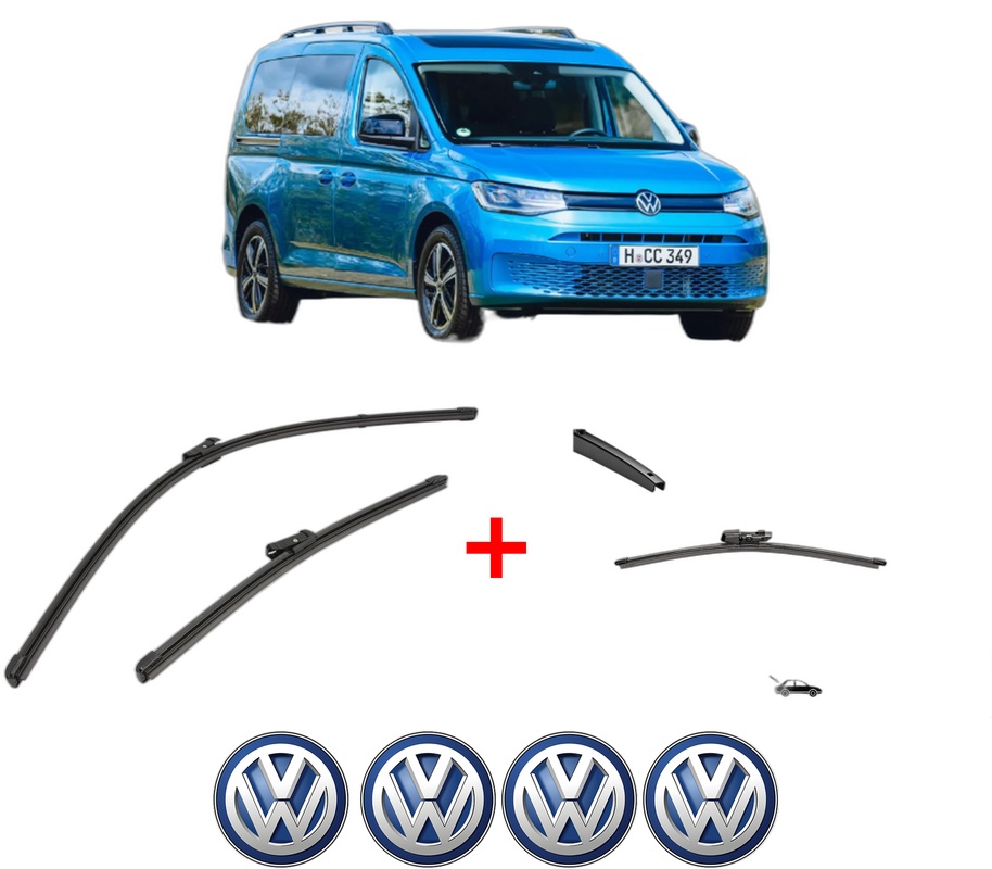 Set 3 stergatoare Volkswagen CADDY CALIFORNIA V Camper (SBB, SBJ) din 2020 - 2024, pentru parbriz si luneta fata si spate auto, Valeo Silencio, din cauciuc siliconat rezistent, 4 Stickere Auto VW